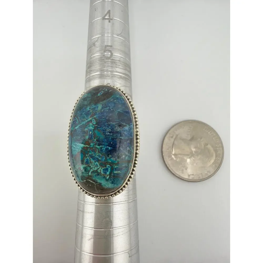 Large Oval Chrysocolla Twisted Rope Border 925 Sterling Silver Ring Size 7.5